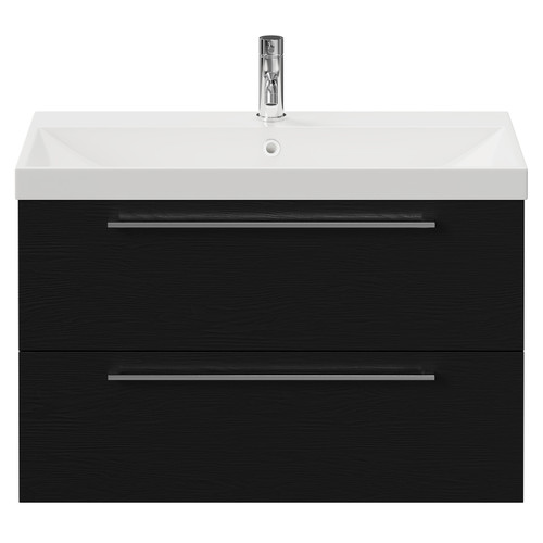 Napoli Nero Oak 800mm Wall Mounted Vanity Unit with 1 Tap Hole Slim Edge Basin and 2 Drawers with Chrome Handles View from Front