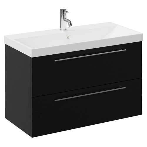 Napoli Nero Oak 800mm Wall Mounted Vanity Unit with 1 Tap Hole Slim Edge Basin and 2 Drawers with Chrome Handles Left Hand View