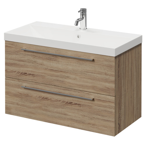 Napoli Bordalino Oak 800mm Wall Mounted Vanity Unit with 1 Tap Hole Slim Edge Basin and 2 Drawers with Chrome Handles Right Hand View