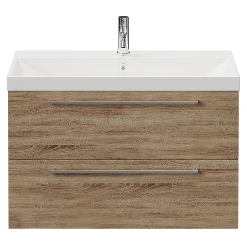Napoli Bordalino Oak 800mm Wall Mounted Vanity Unit with 1 Tap Hole Slim Edge Basin and 2 Drawers with Chrome Handles View from Front
