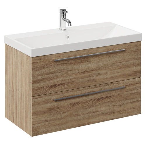 Napoli Bordalino Oak 800mm Wall Mounted Vanity Unit with 1 Tap Hole Slim Edge Basin and 2 Drawers with Chrome Handles Left Hand View