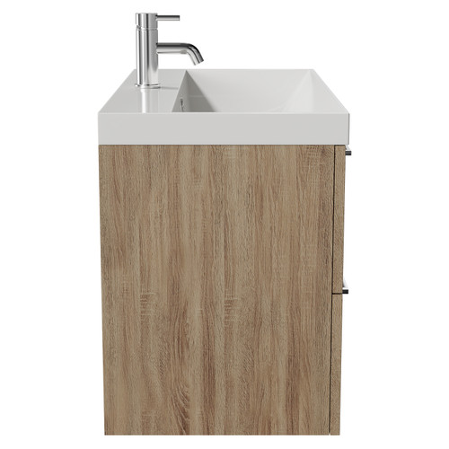 Napoli Bordalino Oak 800mm Wall Mounted Vanity Unit with 1 Tap Hole Slim Edge Basin and 2 Drawers with Chrome Handles View from Side