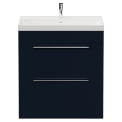 Napoli Deep Blue 800mm Floor Standing Vanity Unit with 1 Tap Hole Slim Edge Basin and 2 Drawers with Chrome Handles View from Front
