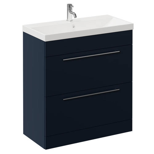 Napoli Deep Blue 800mm Floor Standing Vanity Unit with 1 Tap Hole Slim Edge Basin and 2 Drawers with Chrome Handles Left Hand View