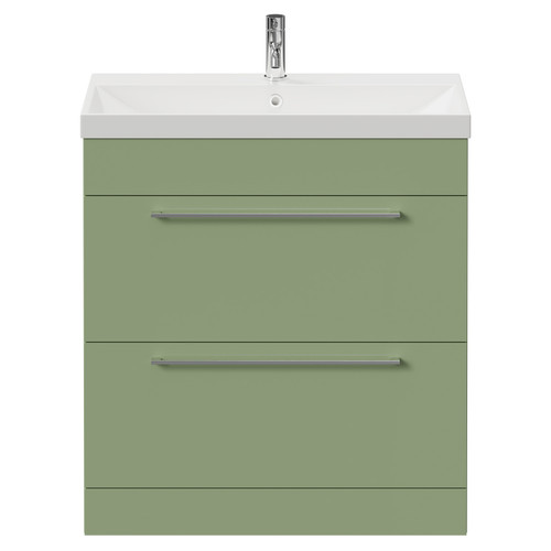 Napoli Olive Green 800mm Floor Standing Vanity Unit with 1 Tap Hole Slim Edge Basin and 2 Drawers with Chrome Handles View from Front