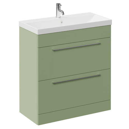 Napoli Olive Green 800mm Floor Standing Vanity Unit with 1 Tap Hole Slim Edge Basin and 2 Drawers with Chrome Handles Left Hand View