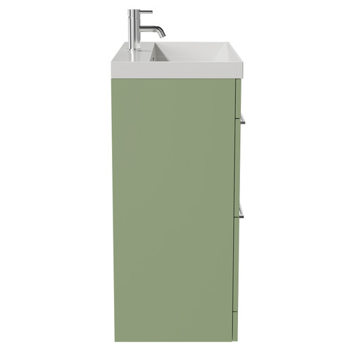 Napoli Olive Green 800mm Floor Standing Vanity Unit with 1 Tap Hole Slim Edge Basin and 2 Drawers with Chrome Handles View from Side