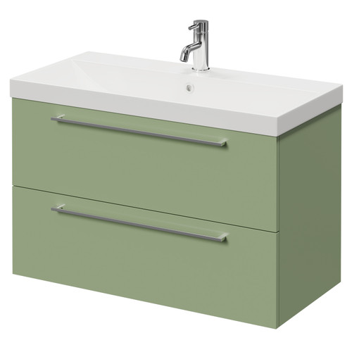 Napoli Olive Green 800mm Wall Mounted Vanity Unit with 1 Tap Hole Slim Edge Basin and 2 Drawers with Chrome Handles Right Hand View