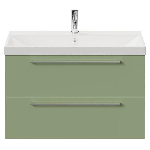 Napoli Olive Green 800mm Wall Mounted Vanity Unit with 1 Tap Hole Slim Edge Basin and 2 Drawers with Chrome Handles View from Front