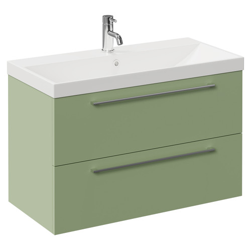 Napoli Olive Green 800mm Wall Mounted Vanity Unit with 1 Tap Hole Slim Edge Basin and 2 Drawers with Chrome Handles Left Hand View