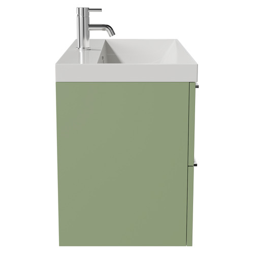 Napoli Olive Green 800mm Wall Mounted Vanity Unit with 1 Tap Hole Slim Edge Basin and 2 Drawers with Chrome Handles View from Side