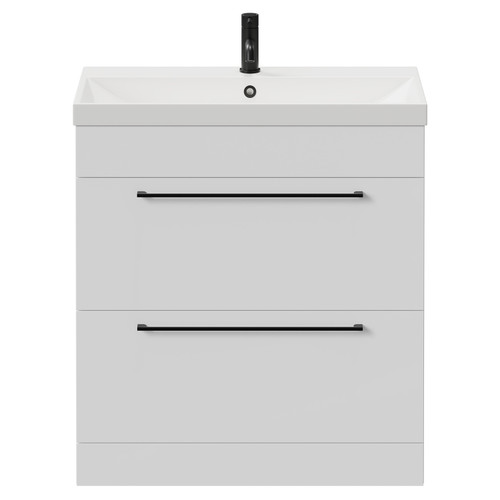 Napoli Gloss White 800mm Floor Standing Vanity Unit with 1 Tap Hole Slim Edge Basin and 2 Drawers with Matt Black Handles View from Front