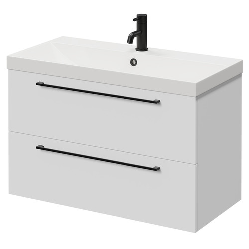 Napoli Gloss White 800mm Wall Mounted Vanity Unit with 1 Tap Hole Slim Edge Basin and 2 Drawers with Matt Black Handles Right Hand View