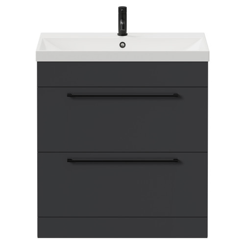 Napoli Gloss Grey 800mm Floor Standing Vanity Unit with 1 Tap Hole Slim Edge Basin and 2 Drawers with Matt Black Handles View from Front