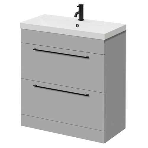 Napoli Gloss Grey Pearl 800mm Floor Standing Vanity Unit with 1 Tap Hole Slim Edge Basin and 2 Drawers with Matt Black Handles Right Hand View
