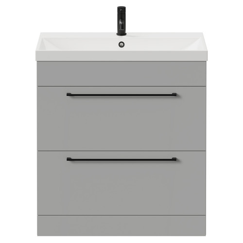 Napoli Gloss Grey Pearl 800mm Floor Standing Vanity Unit with 1 Tap Hole Slim Edge Basin and 2 Drawers with Matt Black Handles View from Front