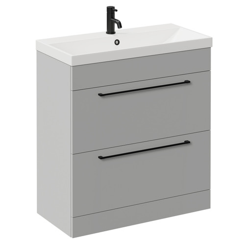 Napoli Gloss Grey Pearl 800mm Floor Standing Vanity Unit with 1 Tap Hole Slim Edge Basin and 2 Drawers with Matt Black Handles Left Hand View