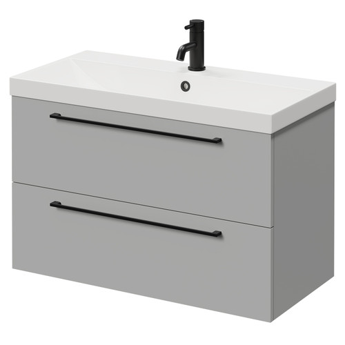 Napoli Gloss Grey Pearl 800mm Wall Mounted Vanity Unit with 1 Tap Hole Slim Edge Basin and 2 Drawers with Matt Black Handles Right Hand View