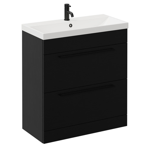 Napoli Nero Oak 800mm Floor Standing Vanity Unit with 1 Tap Hole Slim Edge Basin and 2 Drawers with Matt Black Handles Left Hand View