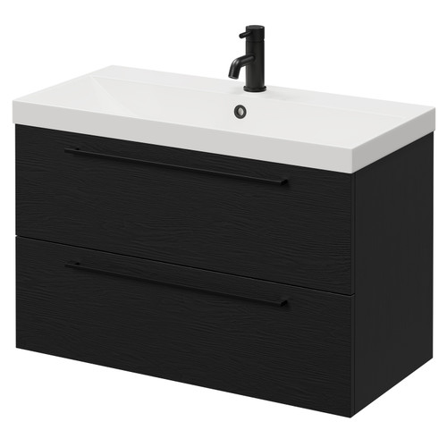 Napoli Nero Oak 800mm Wall Mounted Vanity Unit with 1 Tap Hole Slim Edge Basin and 2 Drawers with Matt Black Handles Right Hand View