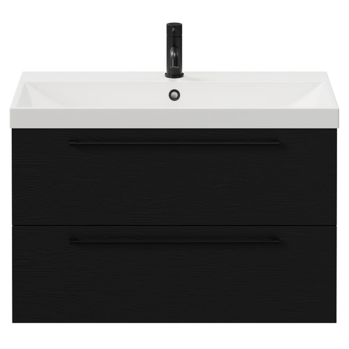 Napoli Nero Oak 800mm Wall Mounted Vanity Unit with 1 Tap Hole Slim Edge Basin and 2 Drawers with Matt Black Handles View from Front
