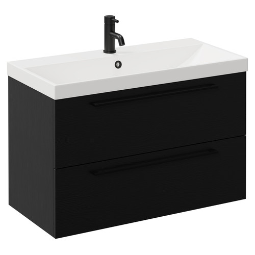 Napoli Nero Oak 800mm Wall Mounted Vanity Unit with 1 Tap Hole Slim Edge Basin and 2 Drawers with Matt Black Handles Left Hand View