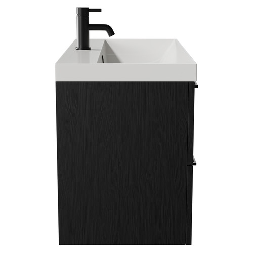 Napoli Nero Oak 800mm Wall Mounted Vanity Unit with 1 Tap Hole Slim Edge Basin and 2 Drawers with Matt Black Handles View from Side