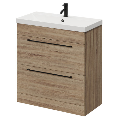 Napoli Bordalino Oak 800mm Floor Standing Vanity Unit with 1 Tap Hole Slim Edge Basin and 2 Drawers with Matt Black Handles Right Hand View
