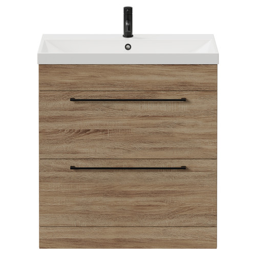 Napoli Bordalino Oak 800mm Floor Standing Vanity Unit with 1 Tap Hole Slim Edge Basin and 2 Drawers with Matt Black Handles View from Front