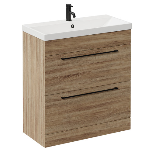 Napoli Bordalino Oak 800mm Floor Standing Vanity Unit with 1 Tap Hole Slim Edge Basin and 2 Drawers with Matt Black Handles Left Hand View