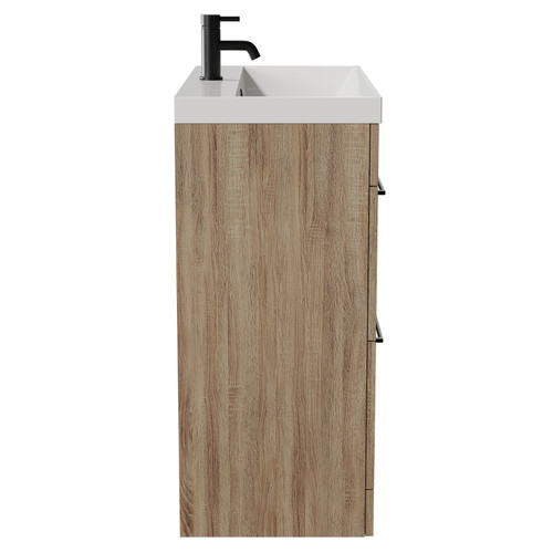 Napoli Bordalino Oak 800mm Floor Standing Vanity Unit with 1 Tap Hole Slim Edge Basin and 2 Drawers with Matt Black Handles View from Side