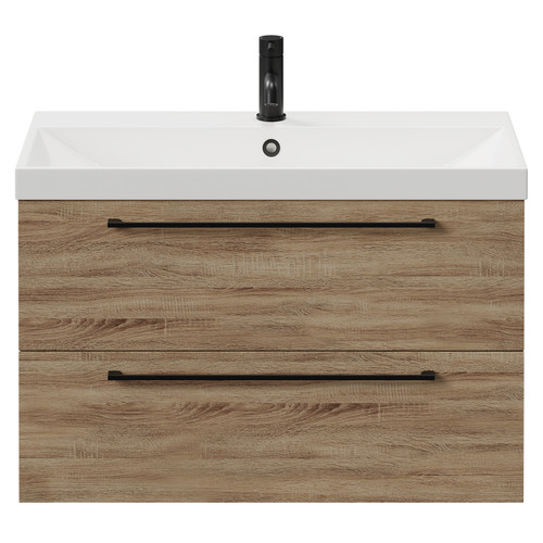 Napoli Bordalino Oak 800mm Wall Mounted Vanity Unit with 1 Tap Hole Slim Edge Basin and 2 Drawers with Matt Black Handles View from Front