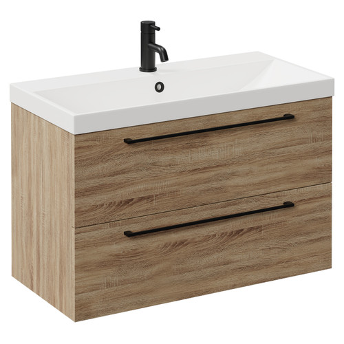 Napoli Bordalino Oak 800mm Wall Mounted Vanity Unit with 1 Tap Hole Slim Edge Basin and 2 Drawers with Matt Black Handles Left Hand View
