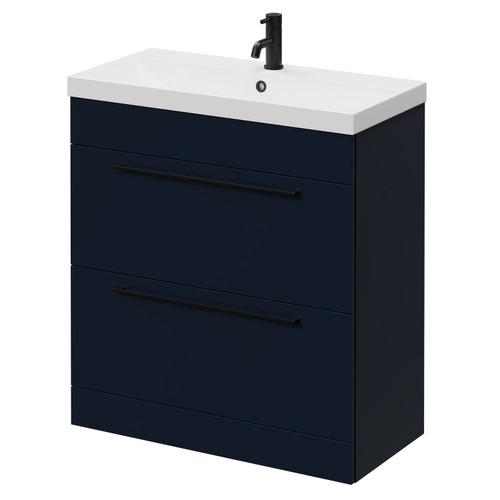 Napoli Deep Blue 800mm Floor Standing Vanity Unit with 1 Tap Hole Slim Edge Basin and 2 Drawers with Matt Black Handles Right Hand View