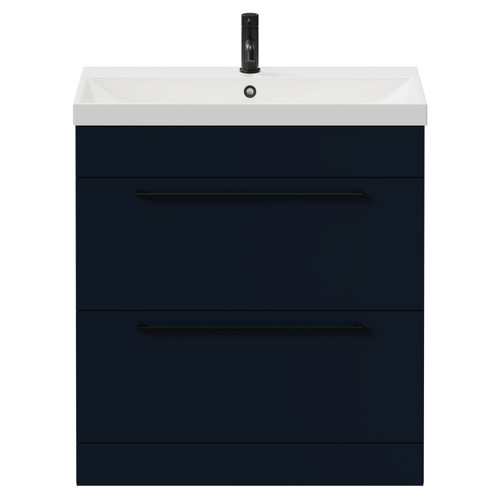 Napoli Deep Blue 800mm Floor Standing Vanity Unit with 1 Tap Hole Slim Edge Basin and 2 Drawers with Matt Black Handles View from Front