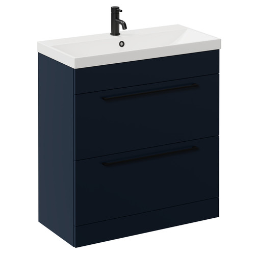 Napoli Deep Blue 800mm Floor Standing Vanity Unit with 1 Tap Hole Slim Edge Basin and 2 Drawers with Matt Black Handles Left Hand View