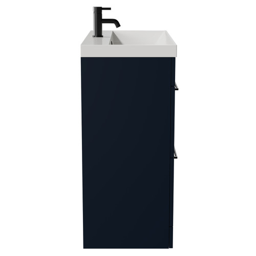 Napoli Deep Blue 800mm Floor Standing Vanity Unit with 1 Tap Hole Slim Edge Basin and 2 Drawers with Matt Black Handles View from Side