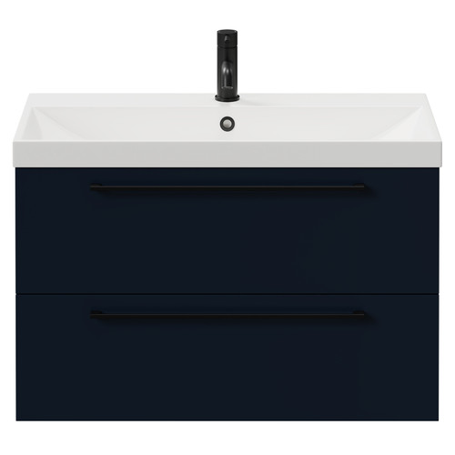Napoli Deep Blue 800mm Wall Mounted Vanity Unit with 1 Tap Hole Slim Edge Basin and 2 Drawers with Matt Black Handles View from Front
