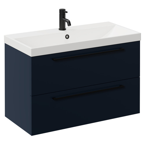 Napoli Deep Blue 800mm Wall Mounted Vanity Unit with 1 Tap Hole Slim Edge Basin and 2 Drawers with Matt Black Handles Left Hand View