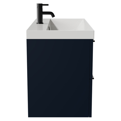 Napoli Deep Blue 800mm Wall Mounted Vanity Unit with 1 Tap Hole Slim Edge Basin and 2 Drawers with Matt Black Handles View from Side