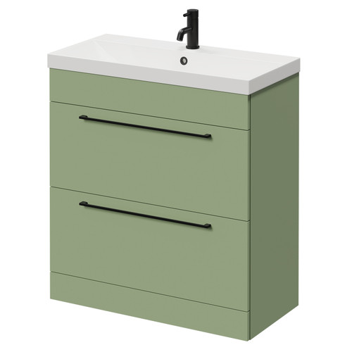 Napoli Olive Green 800mm Floor Standing Vanity Unit with 1 Tap Hole Slim Edge Basin and 2 Drawers with Matt Black Handles Right Hand View