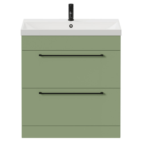 Napoli Olive Green 800mm Floor Standing Vanity Unit with 1 Tap Hole Slim Edge Basin and 2 Drawers with Matt Black Handles View from Front