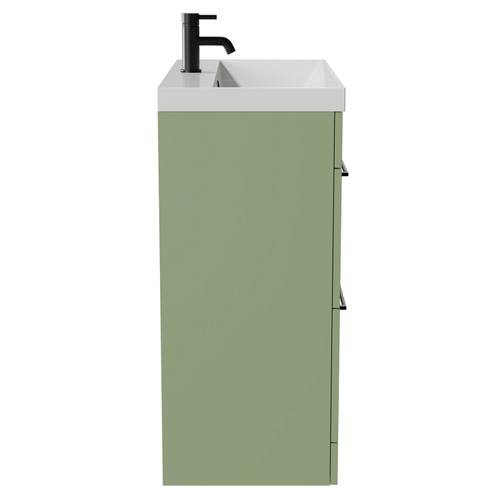 Napoli Olive Green 800mm Floor Standing Vanity Unit with 1 Tap Hole Slim Edge Basin and 2 Drawers with Matt Black Handles View from Side