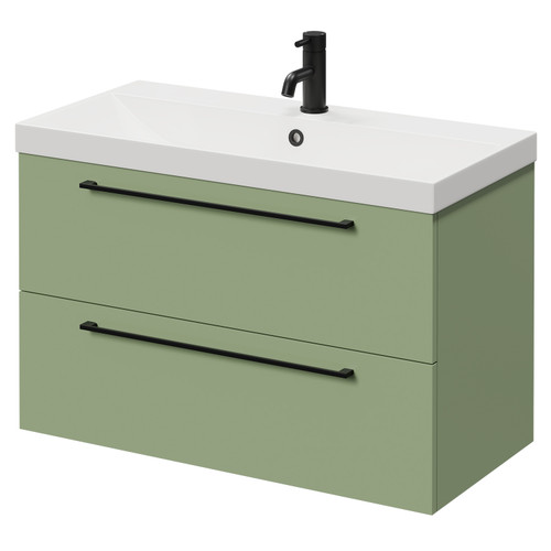 Napoli Olive Green 800mm Wall Mounted Vanity Unit with 1 Tap Hole Slim Edge Basin and 2 Drawers with Matt Black Handles Right Hand View