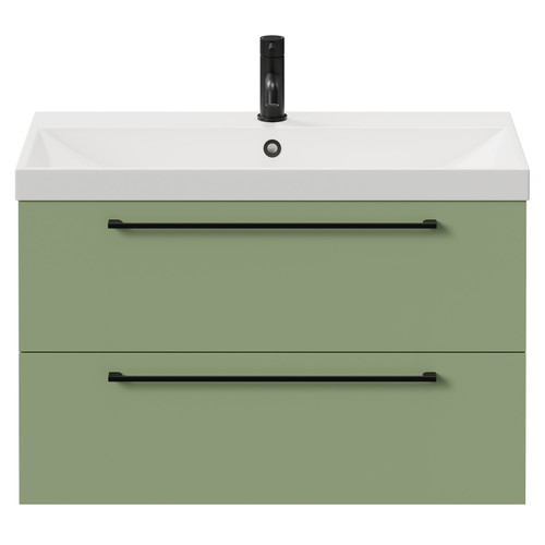 Napoli Olive Green 800mm Wall Mounted Vanity Unit with 1 Tap Hole Slim Edge Basin and 2 Drawers with Matt Black Handles View from Front
