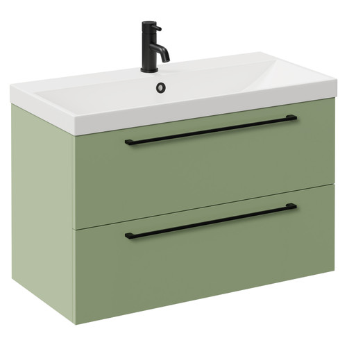 Napoli Olive Green 800mm Wall Mounted Vanity Unit with 1 Tap Hole Slim Edge Basin and 2 Drawers with Matt Black Handles Left Hand View
