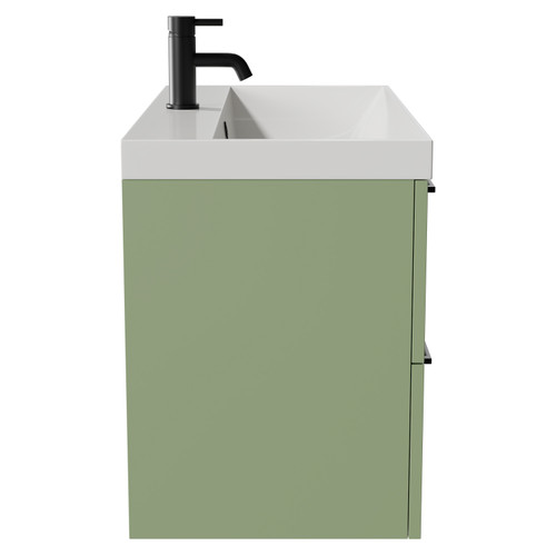 Napoli Olive Green 800mm Wall Mounted Vanity Unit with 1 Tap Hole Slim Edge Basin and 2 Drawers with Matt Black Handles View from Side