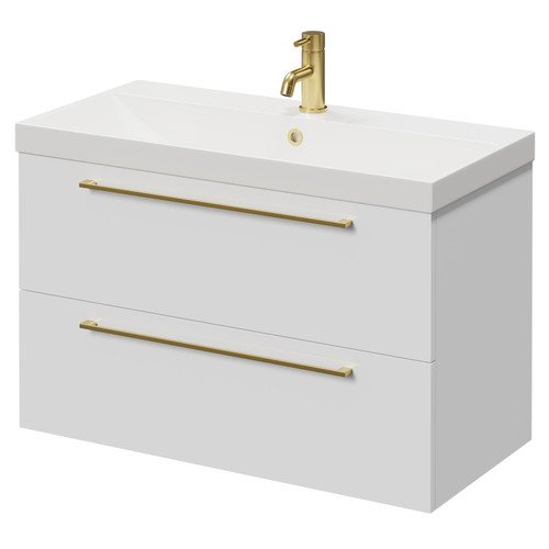 Napoli Gloss White 800mm Wall Mounted Vanity Unit with 1 Tap Hole Slim Edge Basin and 2 Drawers with Brushed Brass Handles Right Hand View