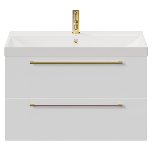 Napoli Gloss White 800mm Wall Mounted Vanity Unit with 1 Tap Hole Slim Edge Basin and 2 Drawers with Brushed Brass Handles View from Front