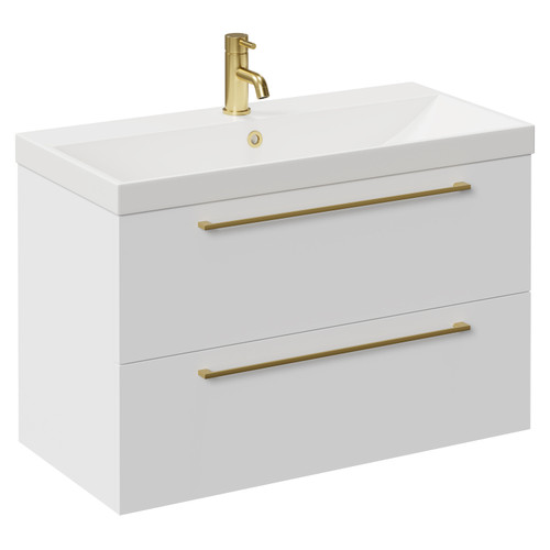 Napoli Gloss White 800mm Wall Mounted Vanity Unit with 1 Tap Hole Slim Edge Basin and 2 Drawers with Brushed Brass Handles Left Hand View
